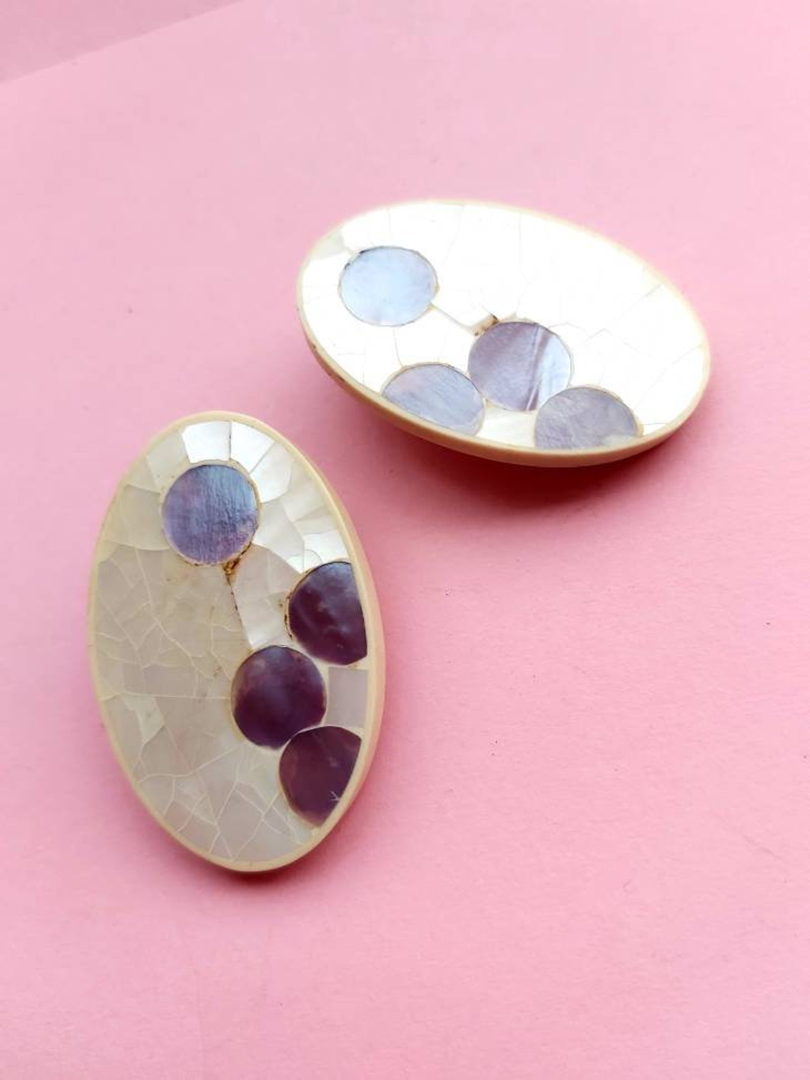 80's Mother of Pearl Clip Earrings Purple and White Etsy