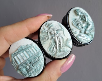 Ancient Greek Design Cameo Stretch Bracelet, Handmade Cameos, 30x40 mm, 6 cameos, Parthenon, Artemis, Lady with Harp, made in Greece