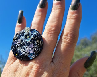 Large Spring Bouquet Black Flower Ring brass plated adjustable ring base butterflies bee, made in Greece