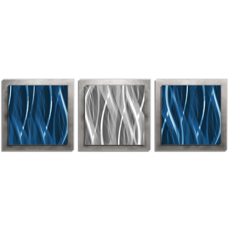 Modern Metal Wall Art 'blue & Silver Essence' 38x12 Etsy