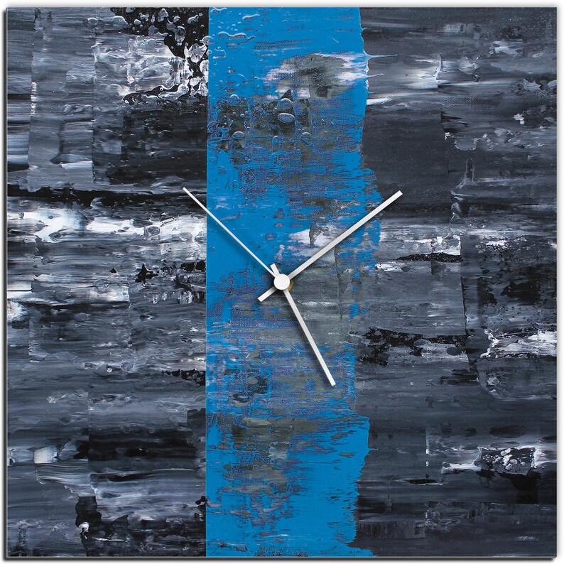 Modern Wall Clock 'Blue Line Square Clock' by Mendo Vasilevski-Original shops Contemporary Home Decor Colorful Kitchen Clock on Aluminum Composite