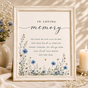 May include: A rectangular white frame containing a memorial print with the text IN LOVING MEMORY and a poem about lost loved ones. The print features watercolor illustrations of blue cornflowers and white daisies at the bottom and a small gold heart.
