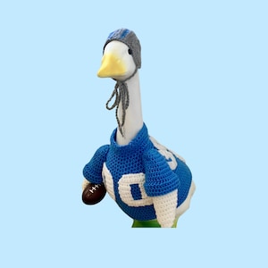 May include: A white goose wearing a blue and white crochet football jersey with the number 9 on it, a gray and blue crochet hat, and holding a brown football. The goose has a yellow beak and is set against a light blue background.