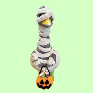 May include: A gray crocheted goose figurine wrapped in white yarn strips to resemble a mummy. The goose has a yellow beak and carries a small, orange, crocheted pumpkin-shaped treat bucket with a black jack-o'-lantern face and colorful items.