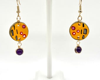 Hand-Painted Polymer Clay Earrings Inspired by Klimt's "The Kiss" – 925 Silver Hooks