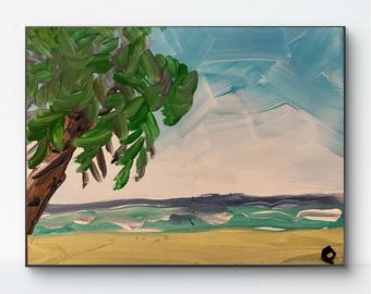 OMAN Original Tropical Beach Landscape Acrylic Painting on Canvas 8x10 Palm Tree
