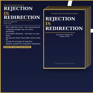 May include: A navy blue and gold ebook cover titled "Rejection is Redirection." The cover includes the text "Every no is taking you closer to yes." The ebook promises a 20-page PDF guide with instant download.