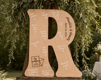 Libro de firmas alternativo con letras de madera, letrero personalizado con el nombre de la boda, libro de firmas con iniciales personalizadas, decoración rústica de madera contrachapada para bodas.