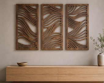 Abstrakte Welle Wandkunst 3er-Set, Geometrische Holzpaneele, Sperrholz Wanddekoration für Wohnzimmer Schlafzimmer, Moderne Boho Decor