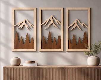 Mountain Wall Art 3er-Set, Holzwaldplatten, Sperrholz Naturwanddekor für Wohnzimmer, Schlafzimmer, Kabine