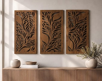 Botanische Blätter Wandkunst 3er-Set, hölzerne Blumenblattplatten, Sperrholz-Wanddekor für Wohnzimmer Schlafzimmer
