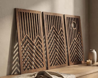Geometrischer Berg Wand Kunst 3er Set, Sonnenaufgang Holzpaneele, Sperrholz Kabine Wanddekoration für Wohnzimmer Schlafzimmer