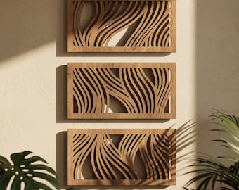 Abstrakte Welle Wandkunst 3er-Set, Holzplatten mit geometrischer Linie, Sperrholzwanddekor für Wohnzimmer, Schlafzimmer