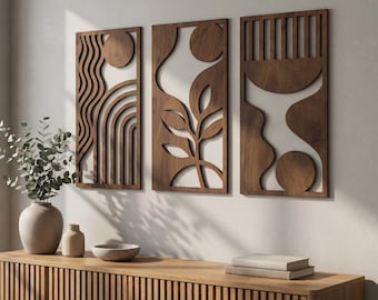Abstrakte Blumenwandkunst 3er-Set, hölzerne botanische Tafeln, lasergeschnittene Boho-Wanddekoration für Wohnzimmer, Schlafzimmer