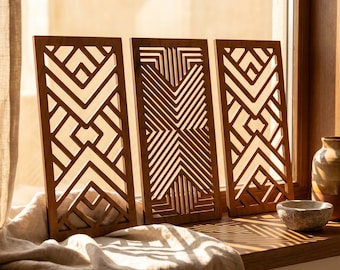 Geometrische Wandkunst 3er-Set, Abstrakte Holzwanddekoration, Moderne Sperrholzwand, Boho Wohnzimmerdekor