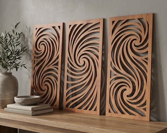 Swirly Wandkunst 3er-Set, abstrakte Wellenmuster aus Holz, Sperrholz Geometrisches Wanddekor für Wohnzimmer Schlafzimmer