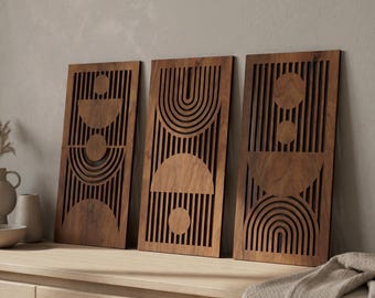 Conjunto de 3 láminas de arte mural geométrico Art Déco, paneles de madera para pared, decoración de pared de madera contrachapada, tapiz mural abstracto moderno.