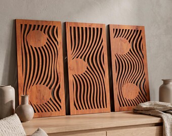 Juego de 3 láminas de arte mural con diseño abstracto de ondas, paneles de madera con ilusión óptica, decoración de pared moderna de madera contrachapada para sala de estar y dormitorio.