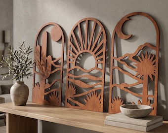 Wüsten-Wandkunst 3er-Set, Kaktus-Sonne-Mond-Paneele, Boho Southwest Sperrholz-Wanddekoration, gewölbte Wüstenlandschaftskunst für Wohnzimmer
