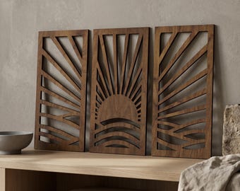 Sunburst Wall Art 3er-Set, Sunrise Holzpaneele, Sperrholz Geometrische Wanddekoration für Wohnzimmer Schlafzimmer