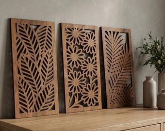 Juego de 3 láminas decorativas botánicas florales para pared, paneles de madera con forma de hoja, decoración floral de madera contrachapada para sala de estar y dormitorio.
