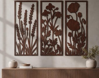 Wildblumen Wand Kunst 3er Set, Botanische Holzplatten, Sperrholz Blumen Wanddekoration für Wohnzimmer Schlafzimmer