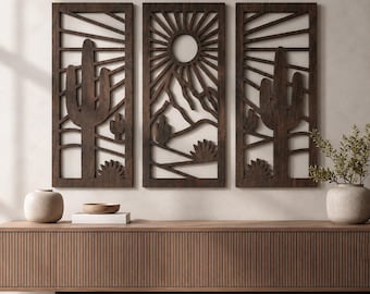 Kaktus-Wüsten-Wand-Kunst-Set mit 3 Holzplatten, Sperrholz-Südwesten-Wanddekor für Wohnzimmer Schlafzimmer