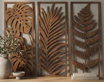 Tropisches Wandkunst-Set, 3er-Set, Holzpalmenblatt, Sperrholz Botanische Wanddekoration für Wohnzimmer Schlafzimmer