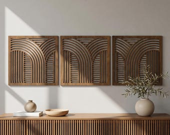 Geometrisches Wandkunst-Set, 3er-Set, Holzbogenplatten, abstrakte Sperrholzwanddekoration für Wohnzimmer Schlafzimmer, abstrakte Wandkunst für modernes Boho-Haus