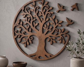 Stammbaum mit Vögeln Wandkunst, Holzbaum des Lebens Dekor, Runde Sperrholz Vogel Wandkunst für Wohnzimmer Schlafzimmer