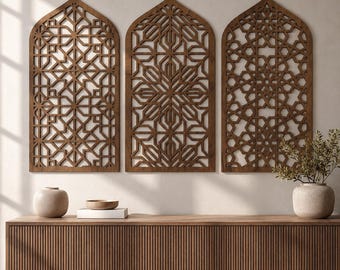 Arabische Wandkunst 3er Set, Islamische Geometrische Holzplatten, Sperrholz Wanddekoration, Gewölbte Wandkunst für Wohnzimmer