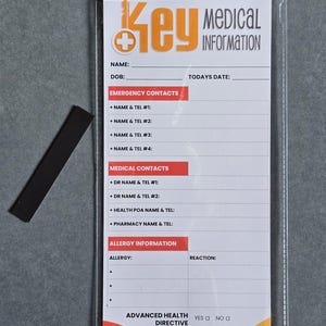 May include: A clear plastic sleeve containing a medical information card. The card has sections for personal details, emergency contacts, medical contacts, and allergy information. A black magnetic strip is next to the sleeve.
