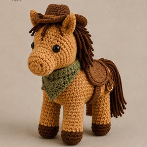 Puede incluir: Un juguete de caballo tejido a ganchillo en color canela con un sombrero de vaquero marrón oscuro, crin y cola marrón oscuro, cascos marrón oscuro, un pañuelo verde salvia alrededor del cuello y una silla de montar marrón oscuro en el lomo.