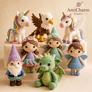 May include: A collection of handmade crochet fantasy creatures, including unicorns, a griffin, fairies, a gnome, and a dragon. The creatures are in various colors, with detailed features and the AmiCharm Studio logo in the upper right corner.