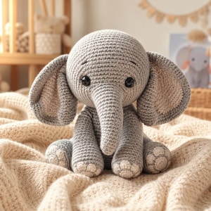 May include: A handmade gray crochet elephant with large ears, a long trunk, and black eyes. The stuffed animal is sitting on a beige blanket. The elephant is a soft toy, perfect for a nursery or as a child's gift.