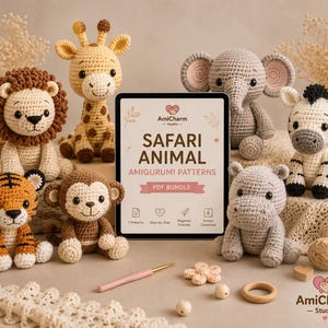 May include: A collection of handmade crochet safari animal amigurumi, including a lion, giraffe, elephant, zebra, tiger, monkey, and hippo. A tablet displays "Safari Animal Amigurumi Patterns PDF Bundle" with the AmiCharm Studio logo.