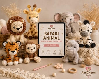 Pacchetto PDF di modelli Amigurumi per uncinetto di Safari Animal / Tutorial per principianti (7 modelli)