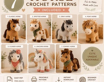 Pacchetto di 7 modelli di cavalli all'uncinetto / Amigurumi di animali per principianti in formato PDF (download immediato)