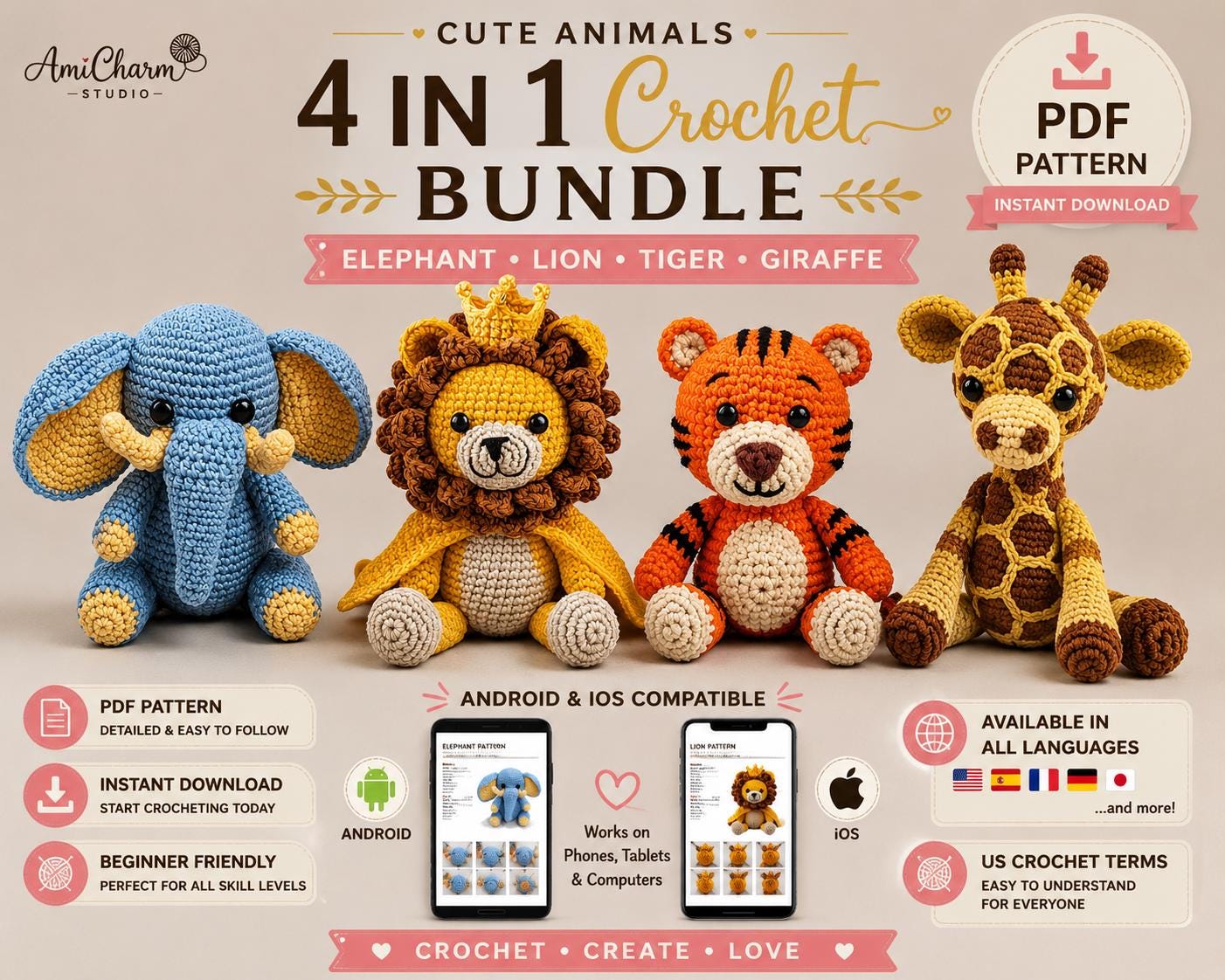 30 Elephant Crochet Patterns for Amigurumi, Plushies, Loveys, and Nursery Decor 11 4-in-1 Safari Animal Bundle with Elephant