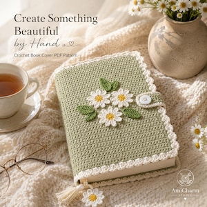 May include: A sage green crochet book cover featuring three white daisy appliqués with yellow centres and green leaves. The cover has a white scalloped border, a white button closure, and a small daisy charm hanging from a tassel at the bottom corner.