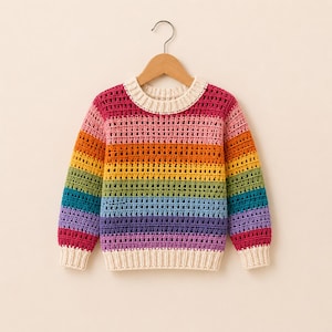 May include: A colourful, rainbow-striped crochet sweater with a cream-coloured neckline, cuffs, and hem. The sweater is displayed on a wooden hanger. The colour scheme includes shades of pink, orange, yellow, green, blue, and purple.