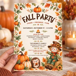 May include: A cream-colored fall party invitation card featuring a border of autumn leaves, acorns, and pumpkins. The text reads FALL PARTY, FOOD, FRIENDS, FUN, SATURDAY, OCTOBER 17, 3-6 PM, JOIN US FOR PUMPKIN PAINTING, LAWN GAMES, HAYRIDES, CAMPFIRE TREATS, MUSIC & MORE, THE BENNETT FAMILY, 218 MAPLE GROVE LANE, ROCKWALL, TEXAS, RSVP TO EMILY BY OCTOBER 10 (469) 555-0148, COZY FLANNELS & LAWN CHAIRS WELCOME. A scarecrow and hedgehog are illustrated at the bottom.