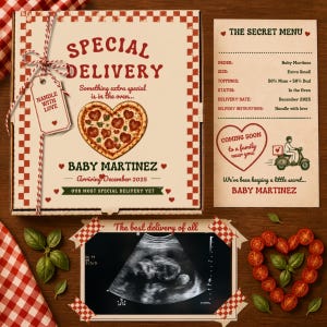 May include: A square pizza box with red and white checkered borders, featuring the text SPECIAL DELIVERY, a heart-shaped pizza, and BABY MARTINEZ. Includes a secret menu card and an ultrasound photo framed by cherry tomatoes and basil leaves.