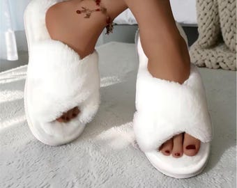 Cross Strap Faux Fur Slippers | Fluffy Cozy House Slippers for Women | Warm Plush Open Toe Slides | Soft Indoor Home Footwear