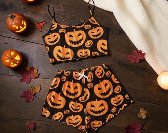 Halloween Pumpkin Pajama Set | Spooky Women’s Sleepwear | Pumpkin Print Cami Top & Shorts | Cute Halloween Nightwear | Cozy Lounge Set