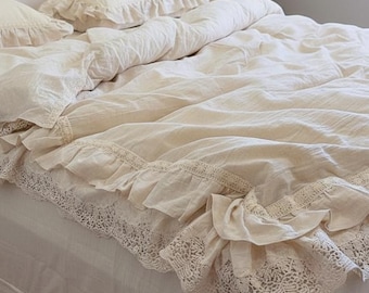 Parure de lit en coton et lin, housse de couette à volants et dentelle, linge de lit style cottage