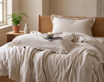 Ensemble housse de couette en lin et dentelle, literie en lin et coton de style cottage français