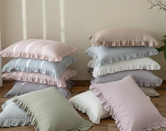Paire de taies d'oreiller à volants en coton, housses d'oreiller douces et romantiques