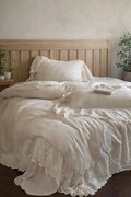 Retro Ruffle Linen Duvet Cover Set, Embroidered Floral Bedding, Cottagecore Decor