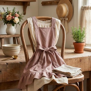 French Linen Apron, Ruffled Kitchen Apron, Retro Farmhouse Cooking Apron